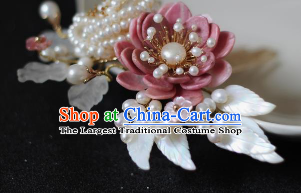 China Traditional Hanfu Headwear Ancient Princess Pearls Hairpin Song Dynasty Pink Peony Hair Comb