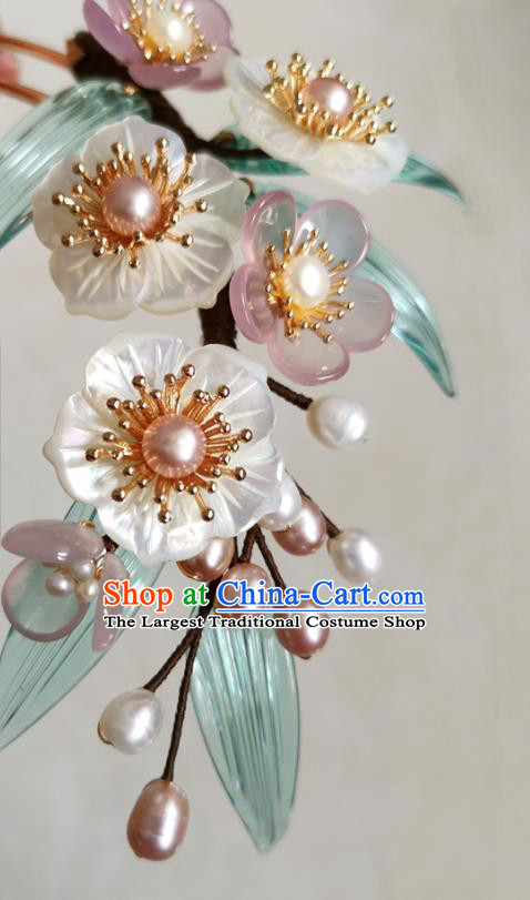China Ancient Court Woman Pearls Hairpin Handmade Shell Plum Hair Stick Traditional Ming Dynasty Hanfu Hair Accessories