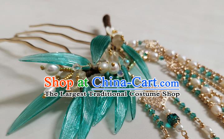 China Handmade Bamboo Leaf Hair Comb Traditional Ming Dynasty Hanfu Hair Accessories Ancient Court Lady Pearls Tassel Hairpin