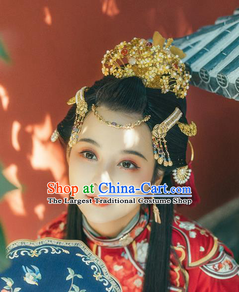 China Handmade Ancient Court Woman Hair Accessories Traditional Ming Dynasty Empress Golden Moth Hair Crown