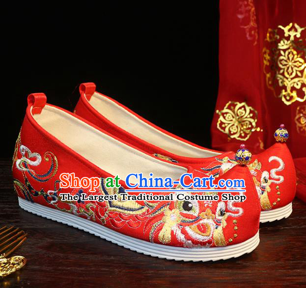 Chinese Ancient Princess Bow Shoes Embroidered Lion Shoes Wedding Red Cloth Shoes Traditional Ming Dynasty Hanfu Shoes