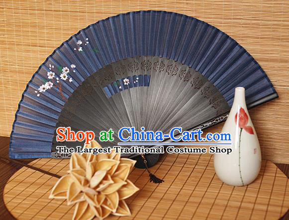 Handmade China Black Bamboo Fan Classical Suzhou Silk Accordion Traditional Folding Fans