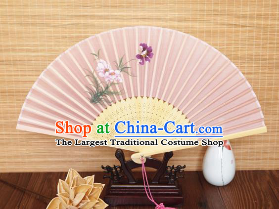 Handmade China Traditional Folding Fans Bamboo Fan Classical Suzhou Pink Silk Accordion Printing Orchids Fan