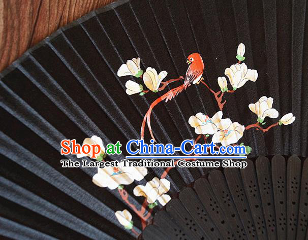 Handmade China Printing Mangnolia Fan Traditional Folding Fans Bamboo Fan Classical Suzhou Black Silk Accordion