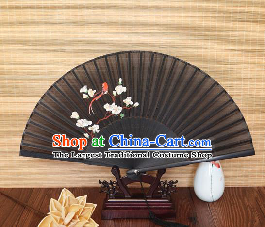 Handmade China Printing Mangnolia Fan Traditional Folding Fans Bamboo Fan Classical Suzhou Black Silk Accordion