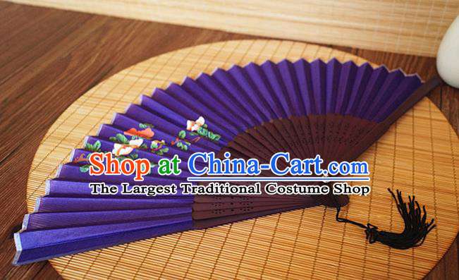 Handmade China Classical Suzhou Purple Silk Accordion Printing Flowers Fan Traditional Folding Fans Bamboo Fan