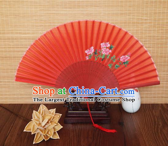 Handmade China Bamboo Fan Classical Suzhou Red Silk Accordion Printing Flowers Fan Traditional Folding Fans