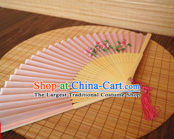 Handmade China Traditional Folding Fans Bamboo Fan Classical Suzhou Pink Silk Accordion Printing Peach Flowers Fan