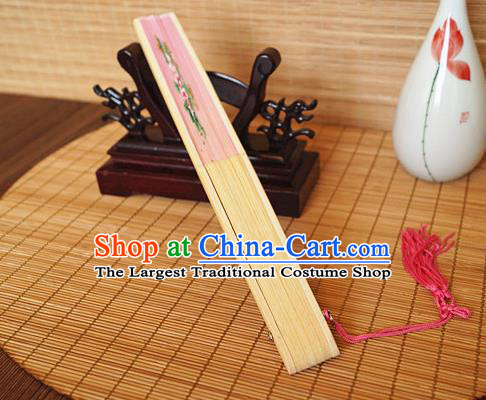 Handmade China Traditional Folding Fans Bamboo Fan Classical Suzhou Pink Silk Accordion Printing Peach Flowers Fan