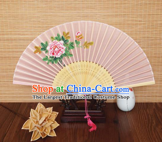 Handmade China Printing Peony Fan Traditional Folding Fans Bamboo Fan Classical Suzhou Pink Silk Accordion