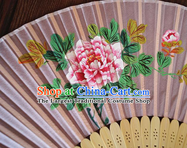 Handmade China Printing Peony Fan Traditional Folding Fans Bamboo Fan Classical Suzhou Pink Silk Accordion