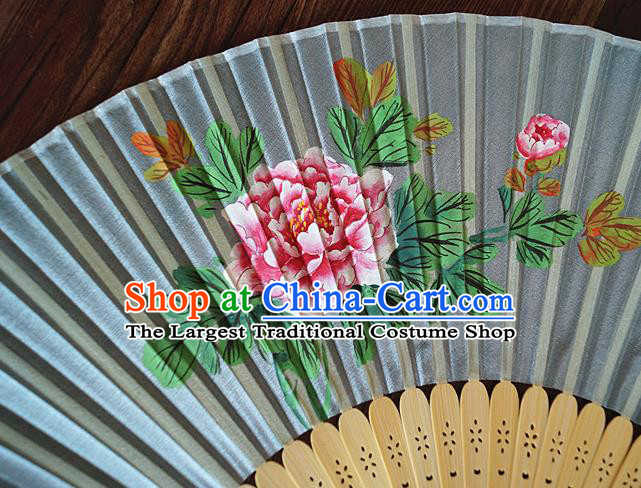 Handmade China Classical Suzhou Blue Silk Accordion Printing Peony Fan Traditional Folding Fans Bamboo Fan