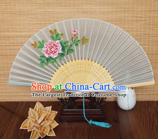 Handmade China Classical Suzhou Blue Silk Accordion Printing Peony Fan Traditional Folding Fans Bamboo Fan