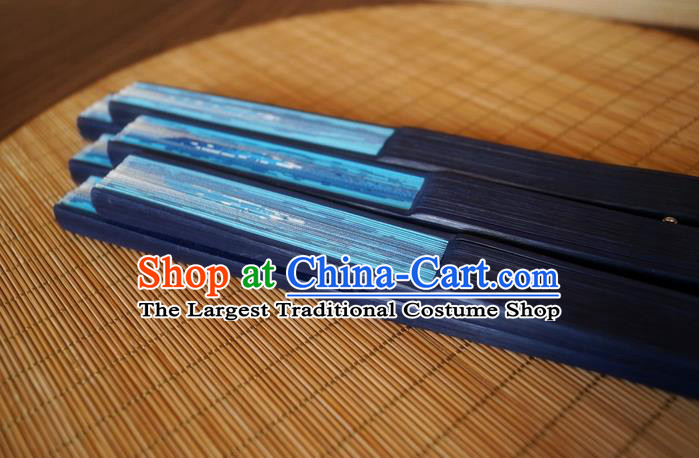 Handmade China Blue Bamboo Fan Classical Silk Accordion Printing Whale Fan Traditional Folding Fans