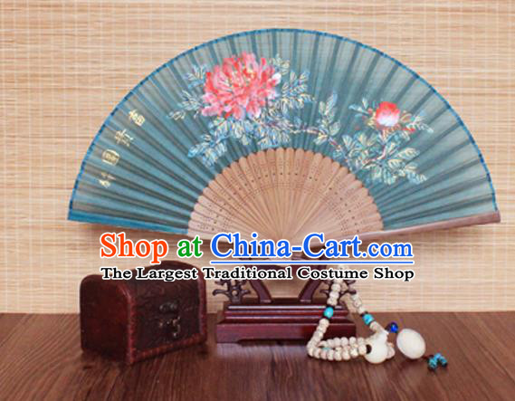 Handmade China Traditional Folding Fans Bamboo Fan Classical Green Silk Accordion Printing Peony Fan