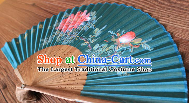 Handmade China Traditional Folding Fans Bamboo Fan Classical Green Silk Accordion Printing Peony Fan