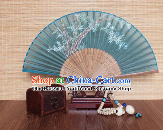 Handmade China Printing Fan Traditional Folding Fans Bamboo Fan Classical Green Silk Accordion