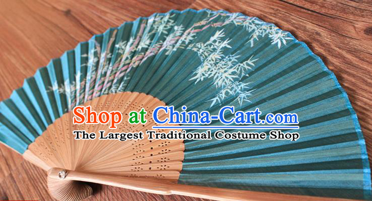 Handmade China Printing Fan Traditional Folding Fans Bamboo Fan Classical Green Silk Accordion