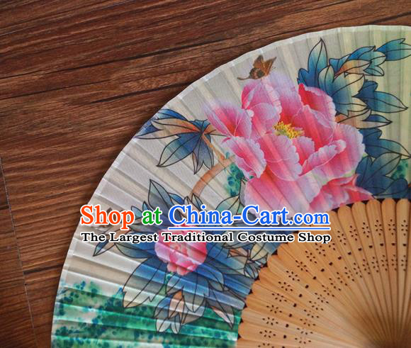 China Traditional Dance Folding Fans Bamboo Fan Classical Beige Silk Accordion Handmade Printing Peony Fan