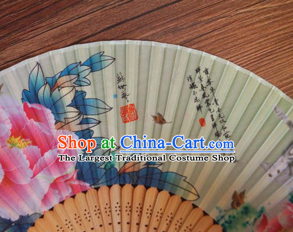 China Traditional Dance Folding Fans Bamboo Fan Classical Beige Silk Accordion Handmade Printing Peony Fan