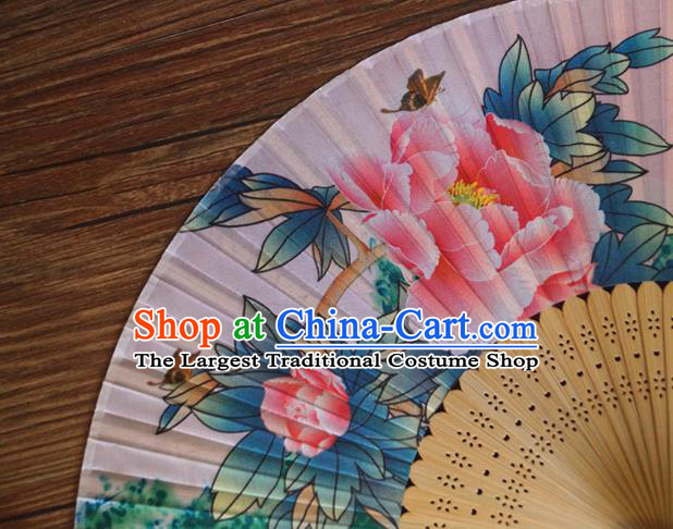 China Handmade Printing Peony Fan Traditional Dance Folding Fans Bamboo Fan Classical Pink Silk Accordion