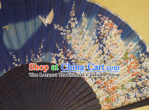 China Handmade Printing Sakura Butterfly Fans Traditional Dance Folding Fan Bamboo Fan Classical Deep Blue Silk Accordion