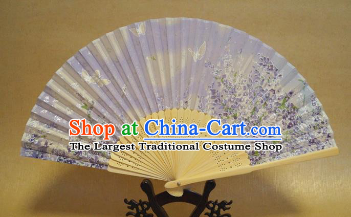 China Classical Lilac Silk Accordion Handmade Printing Sakura Butterfly Fans Traditional Dance Folding Fan Bamboo Fan