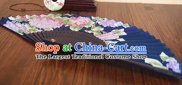 China Traditional Dance Folding Fans Bamboo Fan Classical Navy Silk Accordion Handmade Printing Hydrangea Fan