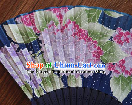 China Traditional Dance Folding Fans Bamboo Fan Classical Navy Silk Accordion Handmade Printing Hydrangea Fan