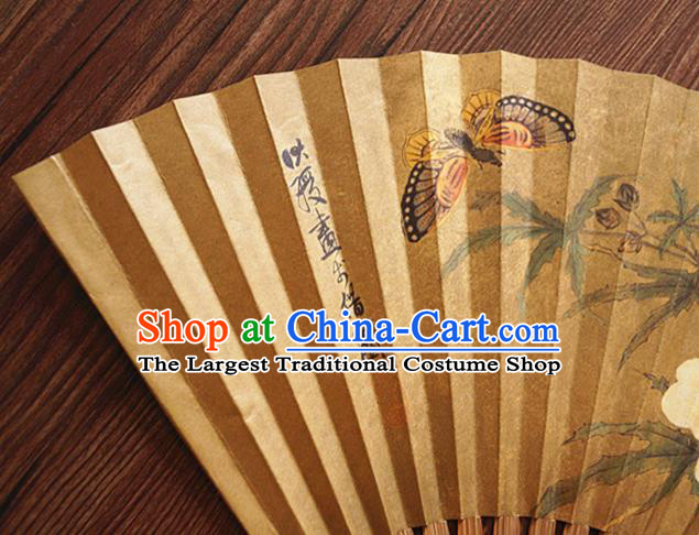 China Handmade Printing Mangnolia Fan Traditional Dance Folding Fans Bamboo Fan Classical Yellow Silk Accordion