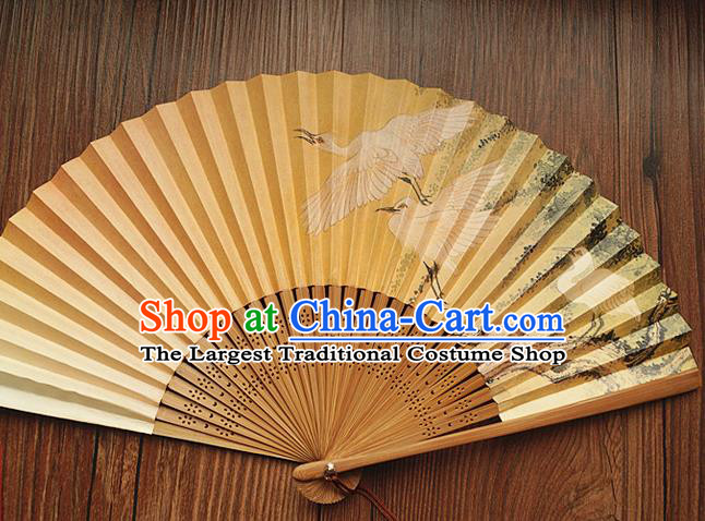 China Bamboo Fan Classical Silk Accordion Handmade Printing Cranes Fan Traditional Dance Folding Fans