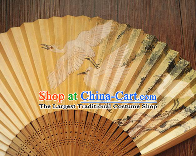 China Bamboo Fan Classical Silk Accordion Handmade Printing Cranes Fan Traditional Dance Folding Fans