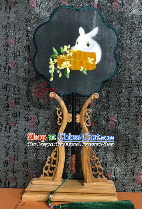 China Classical Palace Fan Handmade Double Side Suzhou Embroidered Rabbit Fan Traditional Silk Fans Cheongsam Dance Fan