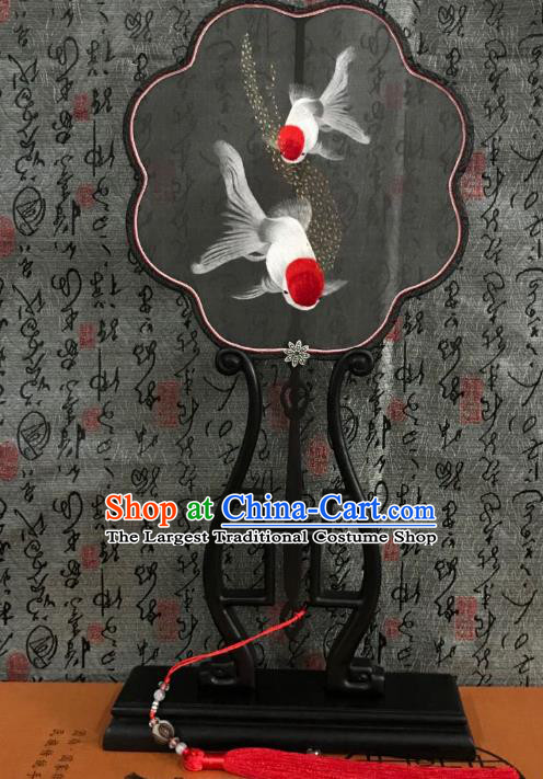 China Classical Double Side Palace Fan Handmade Suzhou Embroidered Gildfish Fan Traditional Black Silk Fans Hanfu Dance Fan