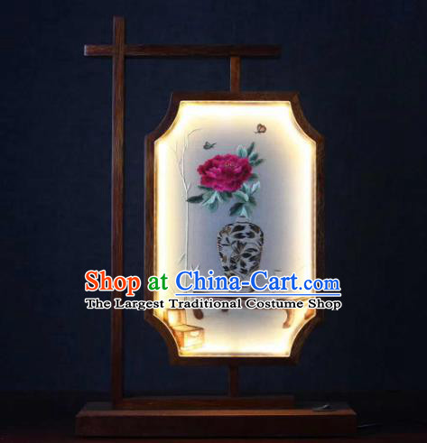 Chinese Handmade LED Lantern Embroidered Red Peony Table Screen Suzhou Embroidery Craft Desk Lamp