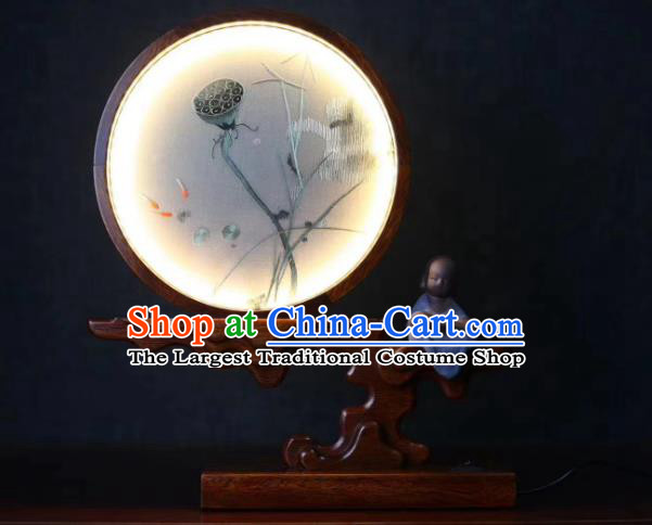 Chinese Desk Lamp Handmade LED Lantern Embroidered Lotus Table Screen Suzhou Embroidery Craft
