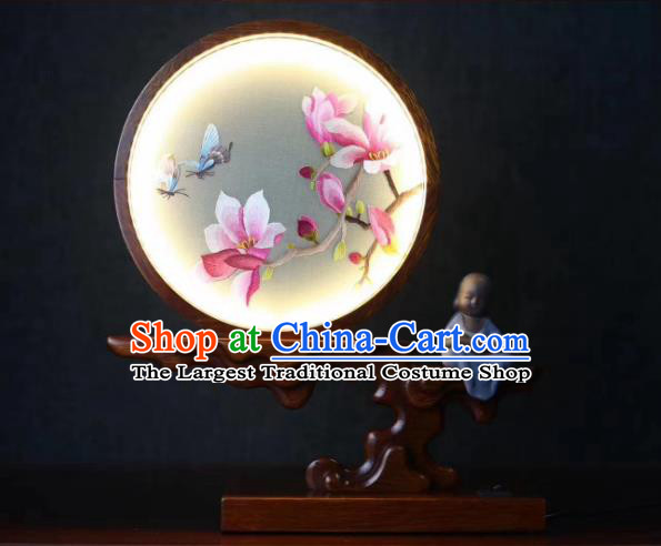 Chinese Embroidered Mangnolia Table Screen Suzhou Embroidery Craft Desk Lamp Handmade LED Lantern
