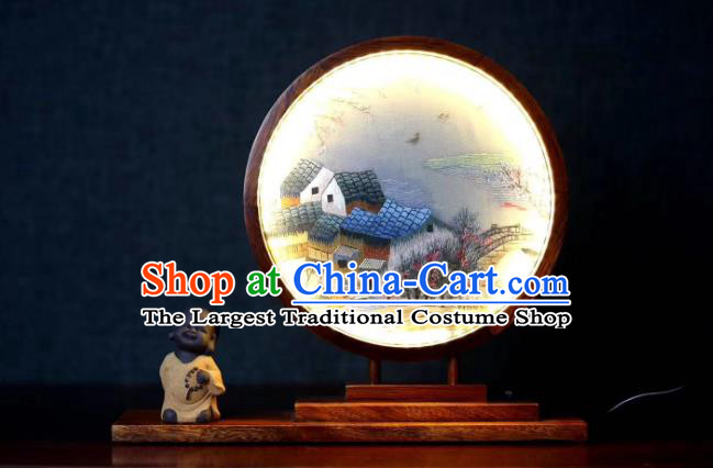 Chinese Suzhou Double Side Embroidery Craft Desk Lantern Handmade LED Lamp Embroidered Village Scene Table Screen