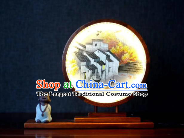 Chinese Handmade Desk Lantern LED Lamp Suzhou Embroidered Table Screen Double Side Embroidery Craft