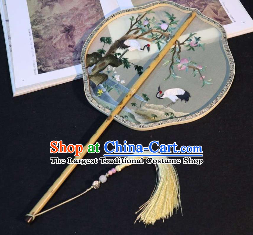 China Traditional Ming Dynasty Hanfu Fan Embroidered Cranes Palace Fan Handmade Double Side Beige Silk Fan Classical Dance Fans