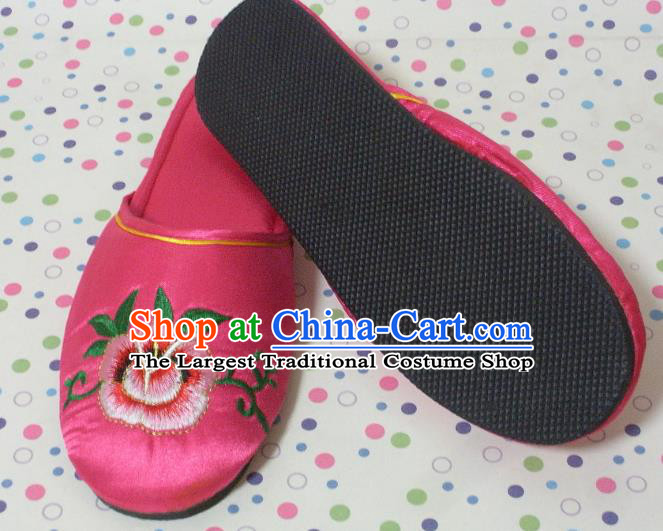 Chinese Handmade Peach Pink Satin Shoes Embroidery Peony Slippers Wedding Shoes