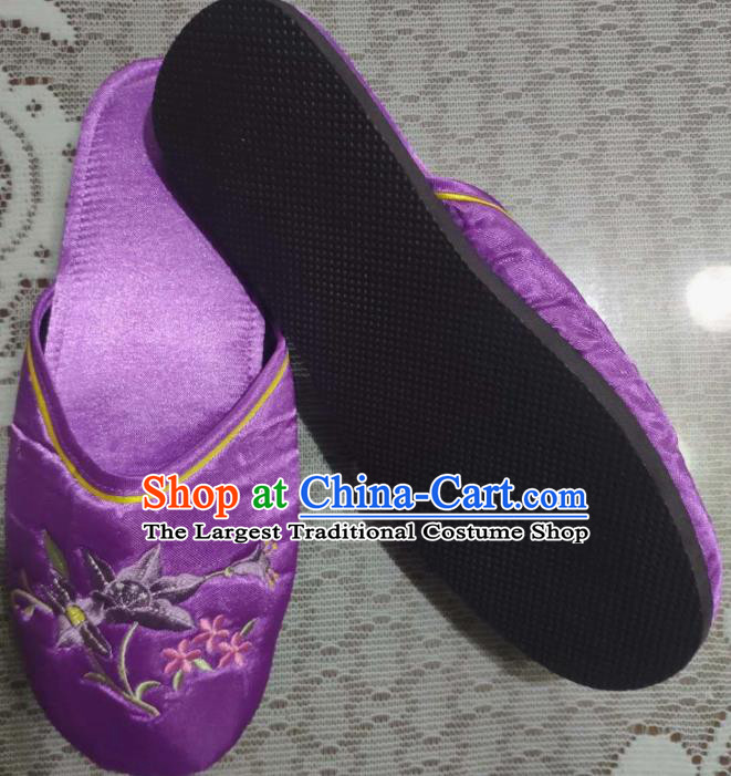 Chinese Embroidery Petunia Slippers Wedding Shoes Handmade Purplen Satin Shoes