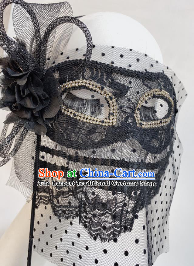 Halloween Stage Performance Deluxe Headpiece Cosplay Party Handheld Mask Handmade Black Lace Face Mask