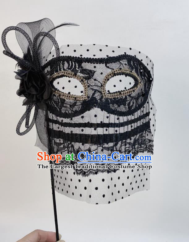 Halloween Stage Performance Deluxe Headpiece Cosplay Party Handheld Mask Handmade Black Lace Face Mask