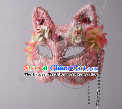 Cosplay Party Pink Lace Mask Handmade Deluxe Fox Face Mask Halloween Stage Performance Headpiece