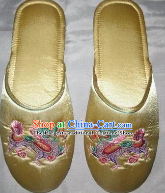 Chinese Handmade Golden Satin Shoes Embroidery Dragon Slippers Wedding Footwear Bride Shoes
