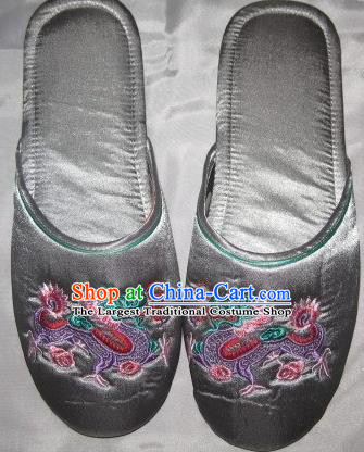 Chinese Bride Shoes Handmade Grey Satin Shoes Embroidery Dragon Slippers Wedding Footwear
