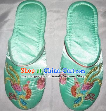 Chinese Handmade Light Green Satin Shoes Embroidered Phoenix Peony Slippers Wedding Embroidery Footwear Bride Shoes