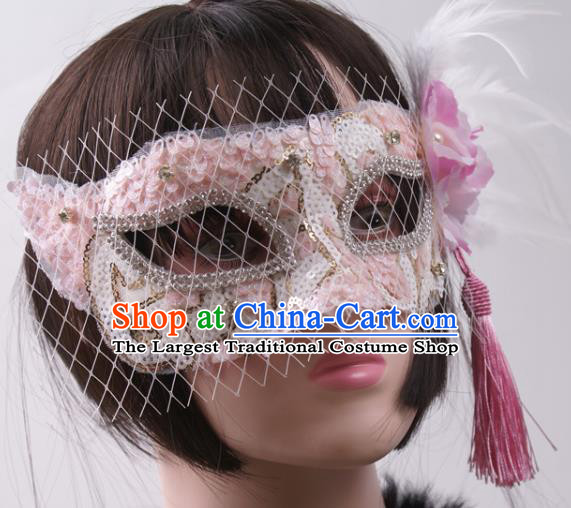 Handmade Deluxe White Feather Face Mask Halloween Stage Performance Blinder Headpiece Cosplay Party Pink Mask