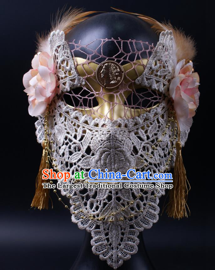 Handmade Costume Ball Queen Face Mask Stage Show White Lace Headpiece Halloween Cosplay Party Golden Blinder Mask